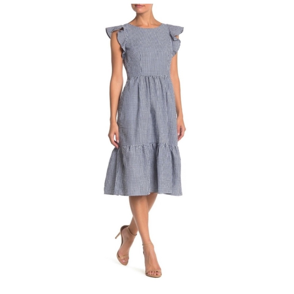 Eliza J seersucker gingham ruffle sleeves dress NWOT